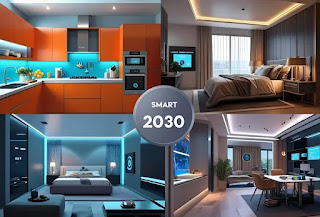 كولاج رقمي يصور منزلًا ذكيًا في 2030 مع إبراز للأجهزة الذكية في المطبخ، غرفة النوم، ومكان العمل، بتقنية ثلاثية الأبعاد واقعية