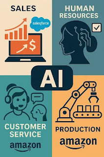 كولاج يصور تطبيقات الذكاء الاصطناعي في مختلف الإدارات: المبيعات، الموارد البشرية، خدمة العملاء، والإنتاج، مع شعارات شركات ناجحة مثل Salesforce وأمازون.