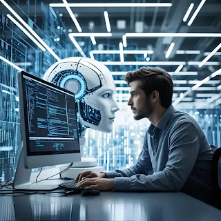 شخص يعمل على جهاز كمبيوتر حديث بينما تظهر خلفه شبكة بيانات رقمية تمثل الذكاء الاصطناعي.