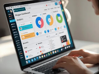 شاشة كمبيوتر محمول مفتوح تظهر صفحة لوحة تحكم بلوجر.