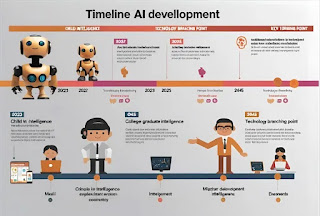 إنفوجرافيك يظهر خط زمني لتطور الذكاء الاصطناعي من 2023 إلى 2045، مع نقاط تحول رئيسية مثل 'ذكاء الطفل'، 'ذكاء الخريج الجامعي'، و'نقطة التفرع التكنولوجي'.