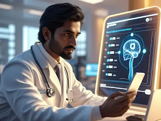 تعاون بين طبيب بشري ونظام ذكاء اصطناعي لتشخيص حالة صحية.